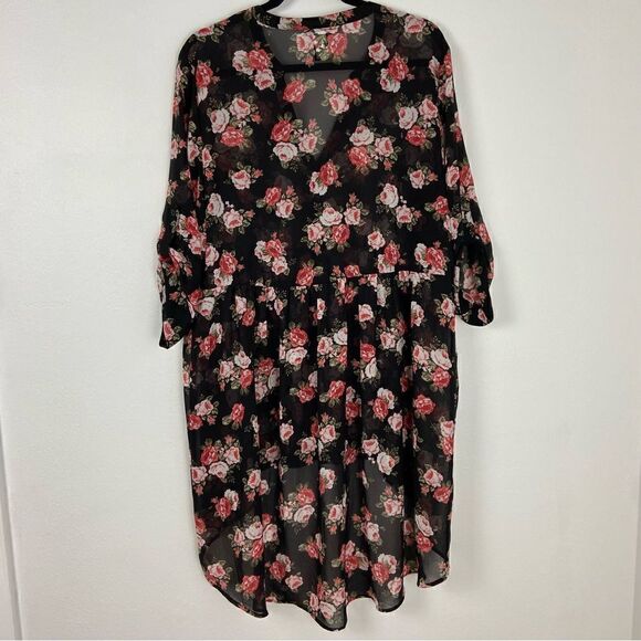 Torrid Hi-Lo Floral Tunic Top‎ Black & Pink women’s Size 1X Sheer 3/4 Sleeve - Picture 5 of 14